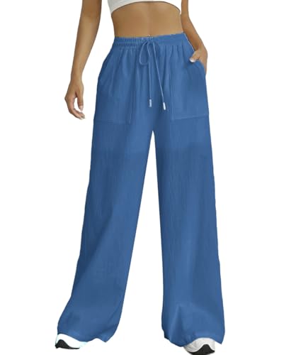 Nuofengkudu Sommer Weite Hose Damen Sommerhose Leichte Taschen Kordelzug Gummizug Lockere Elegant Lang Yogahose High Waist Freizeithose Bequeme Luftig Bootcut Schlupfhose Palazzo Relaxhose Navy Blau S von Nuofengkudu