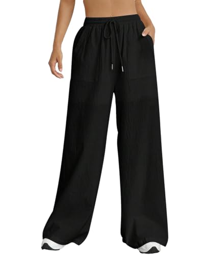 Nuofengkudu Sommer Weite Hose Damen Sommerhose Leichte Taschen Kordelzug Gummizug Lockere Elegant Lang Yogahose High Waist Freizeithose Bequeme Luftig Bootcut Schlupfhose Palazzo Relaxhose Schwarz L von Nuofengkudu