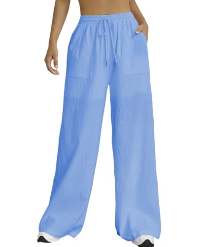 Nuofengkudu Sommer Weite Hose Damen Sommerhose Leichte Taschen Kordelzug Gummizug Lockere Elegant Lang Yogahose High Waist Freizeithose Bequeme Luftig Schlupfhose Palazzo Relaxhose Himmelblau S von Nuofengkudu