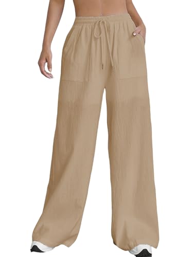 Nuofengkudu Sommer Weite Hose Damen Sommerhose Leichte Taschen Kordelzug Gummizug Lockere Elegant Lang Yogahose High Waist Freizeithose Bequeme Luftig Schlupfhose Palazzo Relaxhose Khaki M von Nuofengkudu