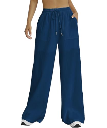 Nuofengkudu Sommer Weite Hose Damen Sommerhose Leichte Taschen Kordelzug Gummizug Lockere Elegant Lang Yogahose High Waist Freizeithose Bequeme Luftig Schlupfhose Palazzo Relaxhose Navy Blau L von Nuofengkudu