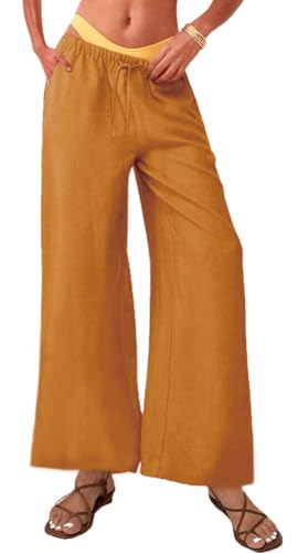 Nuofengkudu Sommerhose Damen Leicht Weites Bein Luftig Viskose Hose 3 Taschen Gummizug Pull On Tunnelzug Einfarbig Elegant Bequeme Sommer Yogahose Boho Lässig Strand Reisehose Braun M von Nuofengkudu