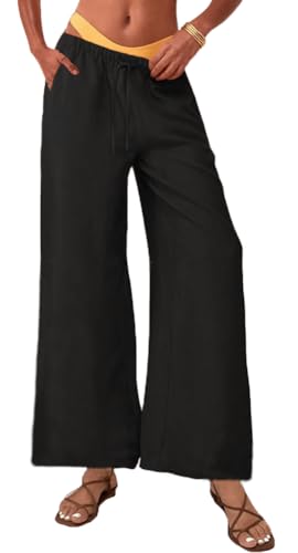 Nuofengkudu Sommerhose Damen Leicht Weites Bein Luftig Viskose Hose 3 Taschen Gummizug Pull On Tunnelzug Einfarbig Elegant Bequeme Sommer Yogahose Boho Lässig Strand Reisehose Schwarz M von Nuofengkudu