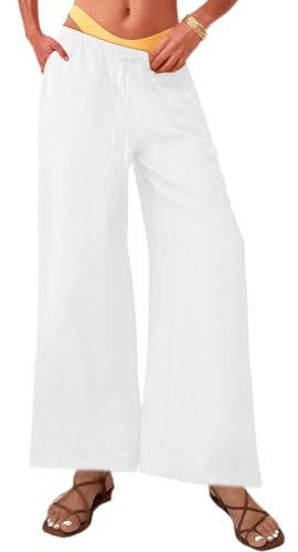 Nuofengkudu Sommerhose Damen Leicht Weites Bein Luftig Viskose Hose 3 Taschen Gummizug Pull On Tunnelzug Einfarbig Elegant Bequeme Sommer Yogahose Boho Lässig Strand Reisehose Weiß XL von Nuofengkudu