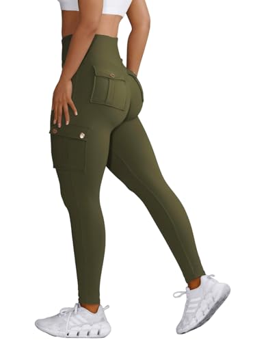Nuofengkudu Damen Sport Cargo Leggings mit Taschen High Waist Stretch Cargohose Eng Hosen Push up Sportleggins Stretch Jeggings Gym Fitness Outdoor Workout Sporthose Y-Armee Grün XL von Nuofengkudu