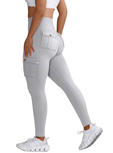 Nuofengkudu Damen Sport Cargo Leggings mit Taschen High Waist Stretch Cargohose Eng Hosen Push up Sportleggins Stretch Jeggings Gym Fitness Outdoor Workout Sporthose Y-Hellgrau M von Nuofengkudu