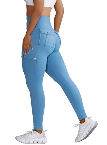 Nuofengkudu Damen Sport Cargo Leggings mit Taschen High Waist Stretch Cargohose Eng Hosen Push up Sportleggins Stretch Jeggings Gym Fitness Outdoor Workout Sporthose Y-Himmelblau M von Nuofengkudu