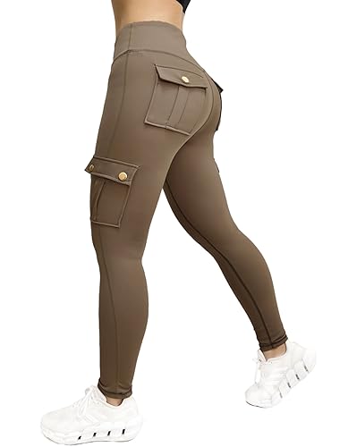 Nuofengkudu Damen Sport Cargo Leggings mit Taschen High Waist Stretch Cargohose Eng Hosen Push up Sportleggins Stretch Jeggings Gym Fitness Outdoor Workout Sporthose Y-Kaffee L von Nuofengkudu