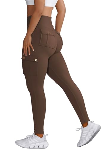 Nuofengkudu Damen Sport Cargo Leggings mit Taschen High Waist Stretch Cargohose Eng Hosen Push up Sportleggins Stretch Jeggings Gym Fitness Outdoor Workout Sporthose Y-Kaffee L von Nuofengkudu