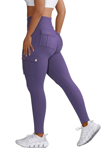 Nuofengkudu Damen Sport Cargo Leggings mit Taschen High Waist Stretch Cargohose Eng Hosen Push up Sportleggins Stretch Jeggings Gym Fitness Outdoor Workout Sporthose Y-Lila Blau 2XL von Nuofengkudu