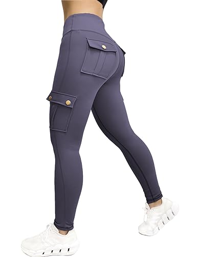 Nuofengkudu Damen Sport Cargo Leggings mit Taschen High Waist Stretch Cargohose Eng Hosen Push up Sportleggins Stretch Jeggings Gym Fitness Outdoor Workout Sporthose Y-Lila Blau 3XL von Nuofengkudu