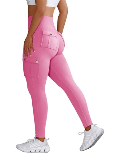 Nuofengkudu Damen Sport Cargo Leggings mit Taschen High Waist Stretch Cargohose Eng Hosen Push up Sportleggins Stretch Jeggings Gym Fitness Outdoor Workout Sporthose Y-Rosa XS von Nuofengkudu