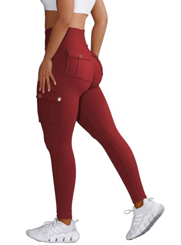 Nuofengkudu Damen Sport Cargo Leggings mit Taschen High Waist Stretch Cargohose Eng Hosen Push up Sportleggins Stretch Jeggings Gym Fitness Outdoor Workout Sporthose Y-Weinrot 3XL von Nuofengkudu