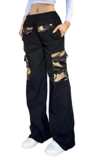 Nuofengkudu Stretch Cargohose Damen Taschen Gummizug High Waist Straight Weites Bein Damenhose Pull on Arbeitshose Combat Jugendlich Lockere Bequeme Cargo Hosen Freizeithose Schwarz M von Nuofengkudu