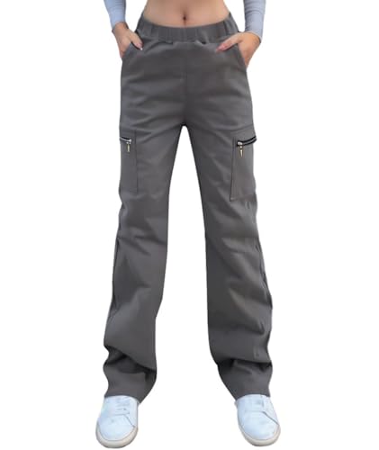 Nuofengkudu Stretch Cargohose Damen mit Zipp Off Taschen Gummizug High Waist Straight Weites Bein Damenhose Pull on Arbeitshose Combat Jugendlich Lockere Cargo Hosen Freizeithose Grau M von Nuofengkudu