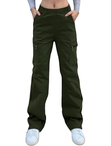 Nuofengkudu Stretch Cargohose Damen mit Zipp Off Taschen Gummizug High Waist Straight Weites Bein Damenhose Pull on Arbeitshose Combat Jugendlich Lockere Cargo Hosen Freizeithose Grün M von Nuofengkudu