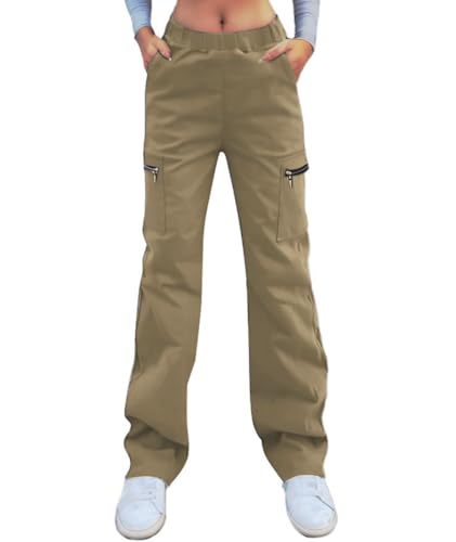 Nuofengkudu Stretch Cargohose Damen mit Zipp Off Taschen Gummizug High Waist Straight Weites Bein Damenhose Pull on Arbeitshose Combat Jugendlich Lockere Cargo Hosen Freizeithose Khakifarben M von Nuofengkudu