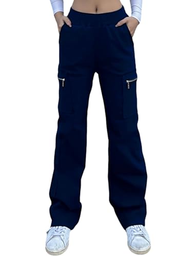 Nuofengkudu Stretch Cargohose Damen mit Zipp Off Taschen Gummizug High Waist Straight Weites Bein Damenhose Pull on Arbeitshose Combat Jugendlich Lockere Cargo Hosen Freizeithose Marineblau S von Nuofengkudu