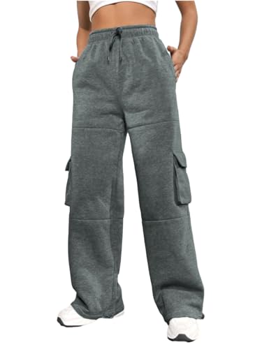 Nuofengkudu Gefütterte Weites Bein Jogginghose Damen Thermo Gummizug Kordelzug Cargo Taschen Warme Fleece Jogger Hosen Sweathose Frauen Sporthose Freizeithose Lässige Sweatpants Dunkelgrau 2XL von Nuofengkudu