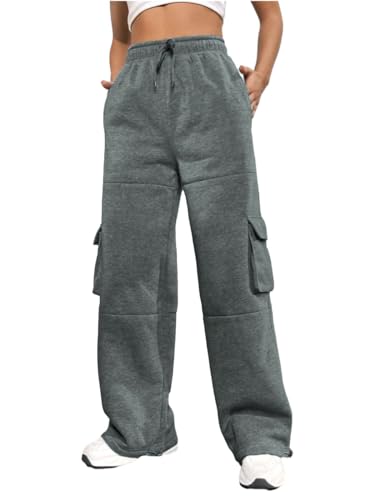 Nuofengkudu Warme Weite Jogginghose Damen Baggy Thermo Gummizug Taschen Gefütterte Fleece Jogger Hosen Sweathose Frauen Sporthose Locker Freizeithose Cargohosen Lässige Sweatpants Dunkelgrau L von Nuofengkudu