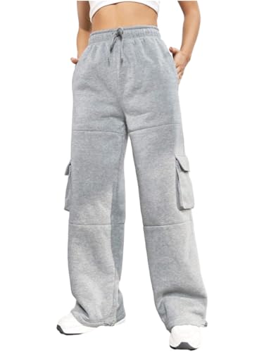 Nuofengkudu Gefütterte Weites Bein Jogginghose Damen Thermo Gummizug Kordelzug Cargo Taschen Warme Fleece Jogger Hosen Sweathose Frauen Sporthose Freizeithose Lässige Sweatpants Hellgrau L von Nuofengkudu