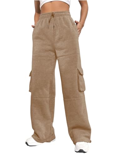 Nuofengkudu Gefütterte Weites Bein Jogginghose Damen Thermo Gummizug Kordelzug Cargo Taschen Warme Fleece Jogger Hosen Sweathose Frauen Sporthose Freizeithose Lässige Sweatpants Khaki S von Nuofengkudu