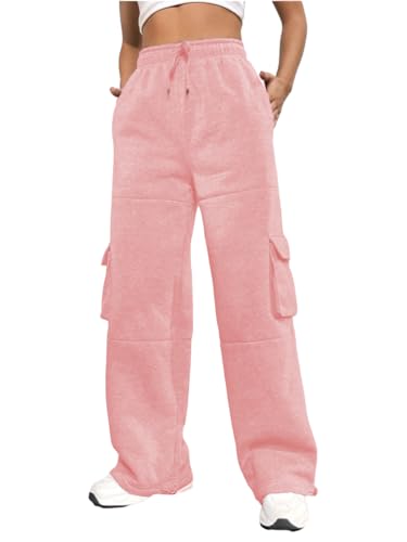 Nuofengkudu Gefütterte Weites Bein Jogginghose Damen Thermo Gummizug Kordelzug Cargo Taschen Warme Fleece Jogger Hosen Sweathose Frauen Sporthose Freizeithose Lässige Sweatpants Rosa M von Nuofengkudu