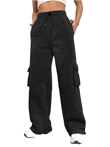 Nuofengkudu Gefütterte Weites Bein Jogginghose Damen Thermo Gummizug Kordelzug Cargo Taschen Warme Fleece Jogger Hosen Sweathose Frauen Sporthose Freizeithose Lässige Sweatpants Schwarz S von Nuofengkudu
