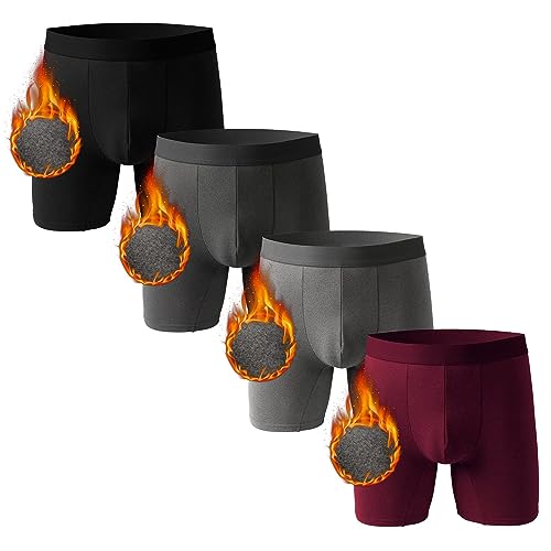 Nuofenkudu Herren Thermo Boxershorts Warm Langes Bein Nahtlose Wärme Unterhose mit Gummibund Stretch Bulge Wärmende Bequem Unterwäsche Weich Männer Retroshorts B-4 Pack-Schwarz/Grau/Dunkelgrau/Rot M von Nuofengkudu