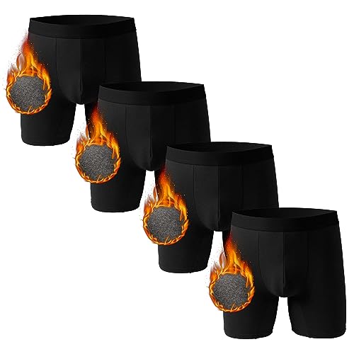 Nuofenkudu Herren Thermo Boxershorts Warm Langes Bein Nahtlose Wärme Unterhose mit Gummibund Stretch Bulge Wärmende Bequem Unterwäsche Weich Männer Retroshorts B-4 Pack-Schwarz 2XL von Nuofengkudu