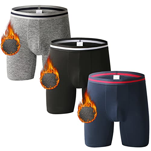 Nuofenkudu Herren Thermo Boxershorts Warm Langes Bein Nahtlose Wärme Unterhose mit Gummibund Stretch Bulge Wärmende Bequem Unterwäsche Weich Männer Retroshorts E-3 Pack-Schwarz/Grau/Blue 2XL von Nuofengkudu
