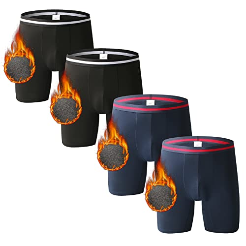 Nuofenkudu Herren Thermo Boxershorts Warm Langes Bein Nahtlose Wärme Unterhose mit Gummibund Stretch Bulge Wärmende Bequem Unterwäsche Weich Männer Retroshorts E-4 Pack-2 Schwarz 2 Blue 2XL von Nuofengkudu