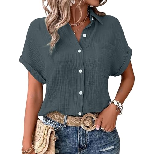 Bluse Damen, Musselin Bluse Damen Shirts Bluse Elegant Tunics Sommer Tshirt Kurzarm Leinen Knopf Bluse Lange Oversized T-Shirt Casual für Leggings dunkelgrau 4XL von Nuoke