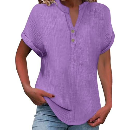 Damen Tshirt, Musselin Leinenbluse Damen 2025 Frauen Sommer Tshirt Baumwolle Leinen T-Shirt Knopf V-Ausschnitt Tunika Tops Casual Tshirts Trendy Strandkleid Bluse, Gold M von Nuoke