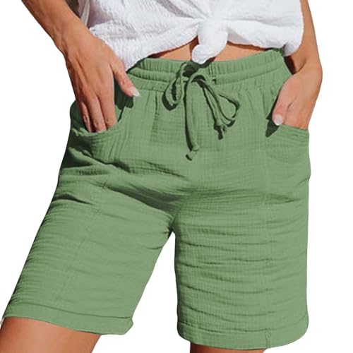 Kurze Hosen Damen Musselin Kurze Hose Damen 2025 Sommerhose Leicht Sommer Leinen Shorts Beach Hosen Mit Taschen Stoffhose Kleid Stretch Gerades Bein Kordelzug Leinenhose Bluse Capri Minzgrün XXL von Nuoke