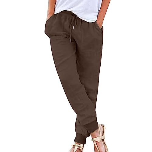 Leinenhose Damen,Leinenhose Damen Sommerhose Leicht Sommer Stoffhose Freizeithose Strandhose Einfarbig Locker Bequeme Chino Musselin Hose (A-Coffee, M) von Nuoke