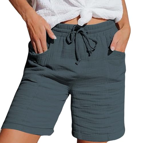 Musselin Hose Damen Musselin Kurze Hose Damen 2025 Sommerhose Leicht Sommer Leinen Shorts Beach Hosen Mit Taschen Stoffhose Kleid Stretch Gerades Bein Kordelzug Leinenhose Bluse Capri Dunkelgrau XL von Nuoke