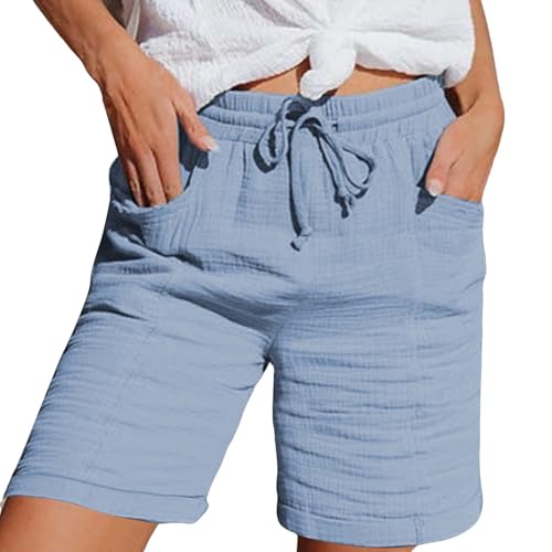 Musselin Hose Damen Musselin Kurze Hose Damen 2025 Sommerhose Leicht Sommer Leinen Shorts Beach Hosen Mit Taschen Stoffhose Kleid Stretch Gerades Bein Kordelzug Leinenhose Bluse Capri Himmelblau S von Nuoke
