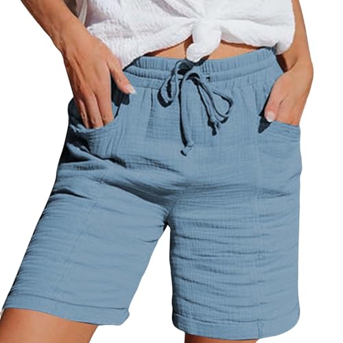 Musselin Hose Damen Musselin Kurze Hose Damen 2025 Sommerhose Leicht Sommer Leinen Shorts Beach Hosen Mit Taschen Stoffhose Kleid Stretch Gerades Bein Kordelzug Leinenhose Bluse Capri Himmelblau XL von Nuoke