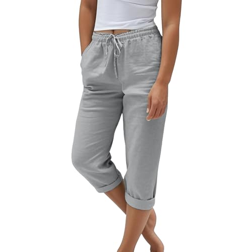 Nuoke 3/4 Hose Damen, Sommerhose Damen Leicht Sommer Leinen Shorts 2025 Musselin Kurze Hose Beach Hosen Mit Taschen Stoffhose Kleid Stretch Gerades Bein Kordelzug Leinenhose Bluse, grau M von Nuoke