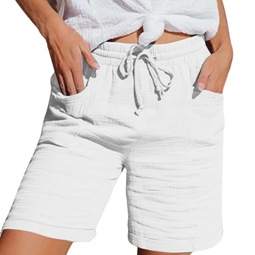 Nuoke 7/8 Hose Damen Sommer Musselin Kurze Hose Damen 2025 Sommerhose Leicht Sommer Leinen Shorts Beach Hosen Mit Taschen Stoffhose Kleid Stretch Gerades Bein Kordelzug Leinenhose Bluse Capri Weiß XL von Nuoke