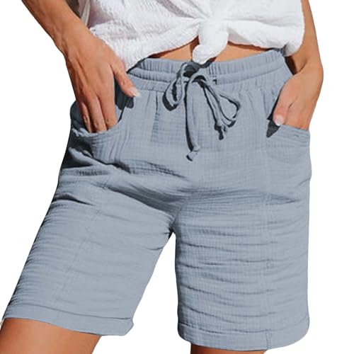 Nuoke Damen Shorts Musselin Kurze Hose Damen 2025 Sommerhose Leicht Sommer Leinen Shorts Beach Hosen Mit Taschen Stoffhose Kleid Stretch Gerades Bein Kordelzug Leinenhose Bluse Capri Grau S von Nuoke