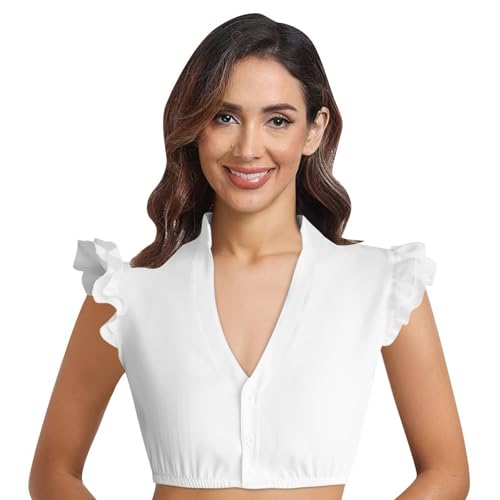 Nuoke Dirndl Bluse Damen, Dirndl Bluse Damen Flügelärmel Trachtenbluse Dirndlbluse Schwarze Stehkragen Trachten Oberteil Für Oktoberfest Kurzarm Dirndlblusen, Weiß S von Nuoke