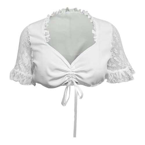 Nuoke Dirndlbluse Spitze, Dirndl Bluse Damen Flügelärmel Trachtenbluse Dirndlbluse Schwarze Stehkragen Trachten Oberteil Für Oktoberfest Kurzarm Dirndlblusen, Weiß M von Nuoke
