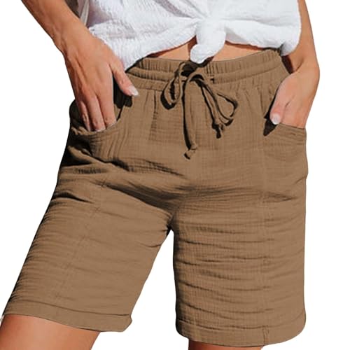 Nuoke Hosen Damen Musselin Kurze Hose Damen 2025 Sommerhose Leicht Sommer Leinen Shorts Beach Hosen Mit Taschen Stoffhose Kleid Stretch Gerades Bein Kordelzug Leinenhose Bluse Capri Braun M von Nuoke