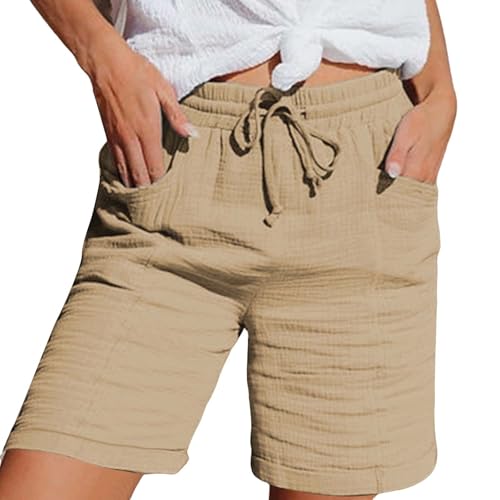 Nuoke Kurze Hose Damen Musselin Kurze Hose Damen 2025 Sommerhose Leicht Sommer Leinen Shorts Beach Hosen Mit Taschen Stoffhose Kleid Stretch Gerades Bein Kordelzug Leinenhose Bluse Capri Khaki XL von Nuoke