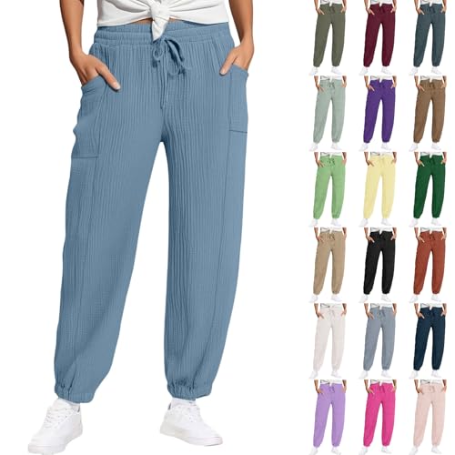 Nuoke Kurze Hose Damen Stoffhose Damen Musselin Hose Leinenhose Damen Leinen Beach Hose Mit Sommerhose Leicht Stoffhose Kleid Gerades Bein Kordelzug Leinenhose von Nuoke