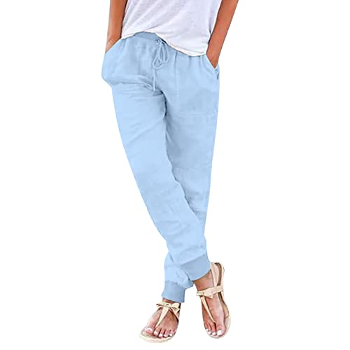 Nuoke Leinenhose Damen,Leinenhose Damen Sommerhose Leicht Sommer Stoffhose Freizeithose Strandhose Einfarbig Locker Bequeme Chino Musselin Hose (B-Light Blue, XL) von Nuoke