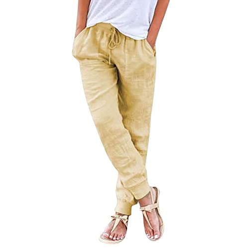 Nuoke Leinenhose Damen,Leinenhose Damen Sommerhose Leicht Sommer Stoffhose Freizeithose Strandhose Einfarbig Locker Bequeme Chino Musselin Hose (C-YE1, L) von Nuoke