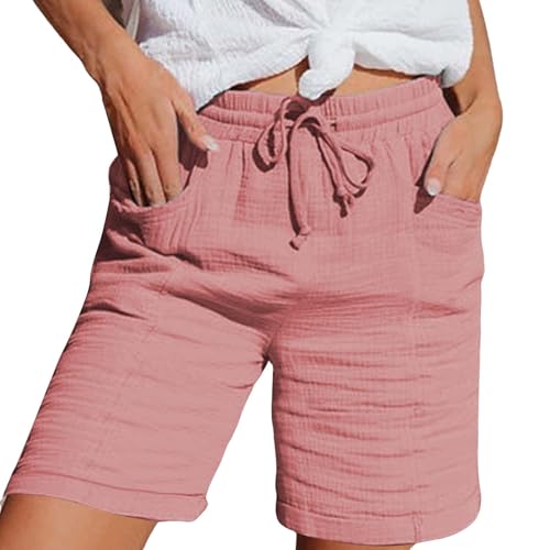 Nuoke Leinenhose Damen Musselin Kurze Hose Damen 2025 Sommerhose Leicht Sommer Leinen Shorts Beach Hosen Mit Taschen Stoffhose Kleid Stretch Gerades Bein Kordelzug Leinenhose Bluse Capri Rosa XL von Nuoke